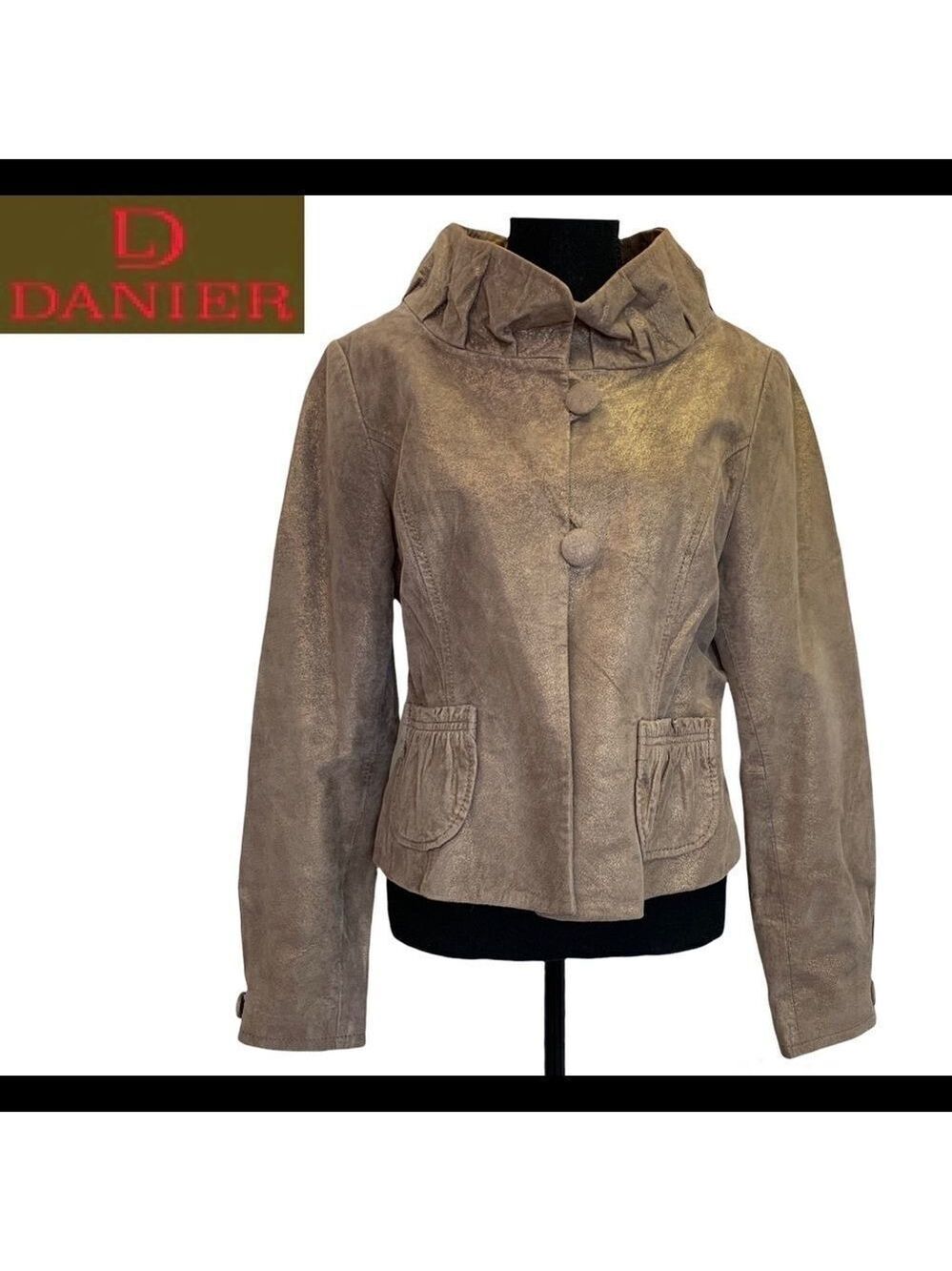DANIER tan gold shimmer ruffled high neck leather jacket size medium